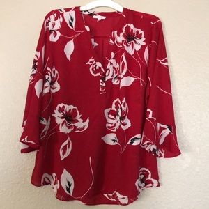 Maurices Red and White Long Sleeve V-Neck XL Blouse